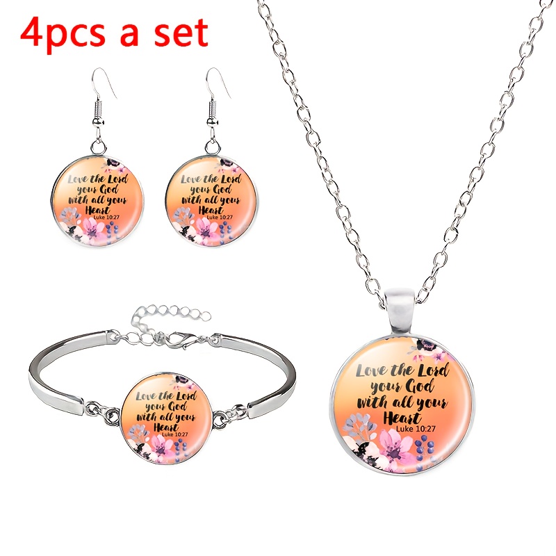 4pc Floral Quote Necklace Bracelet Earrings Set, Orange Background